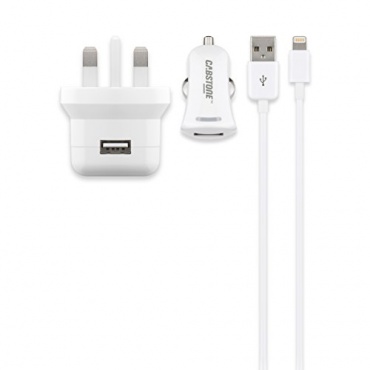 USB-Ladegeräte-Set, UK Version (je ein 2.100 mA KFZ- und Steckernetzteil inkl. Apple Lightning-Kabel, 8-polig), weiß von Cabstone Bild 1