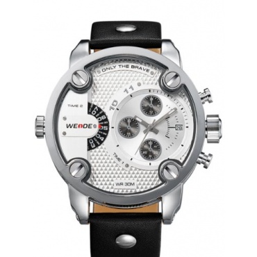 Alienwork DualTime Quarz Herren Analog Armbanduhr Multi Zeitzonen XXL Leder weiss schwarz OS.WH-3301-2 Bild 1