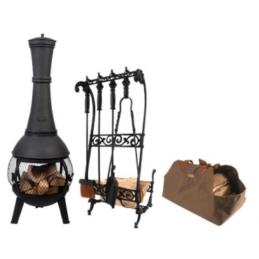 Esschert Design Set: Terrassenofen, Feuerstelle mit Gitter rundum, bauchige Form, ca. 45 cm x 45 cm x 120 cm Bild 1