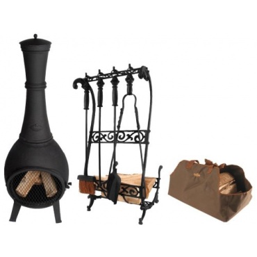 Esschert Design Set: Terrassenofen, Feuerstelle mit Gittertür, bauchige Form, ca. 45 cm x 45 cm x 120 cm Bild 1