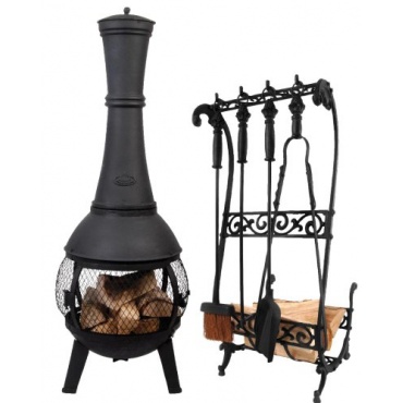 Esschert Design Set: Terrassenofen, Feuerstelle mit Gitter rundum, bauchige Form, ca. 45 cm x 45 cm x 120 cm Bild 1