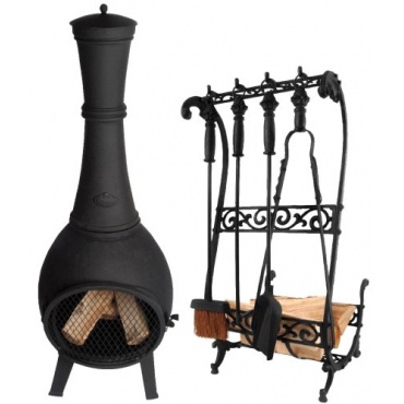 Esschert Design Set: Terrassenofen, Feuerstelle, bauchige Form, mit Gittertür, ca. 45 cm x 45 cm x 120 cm Bild 1