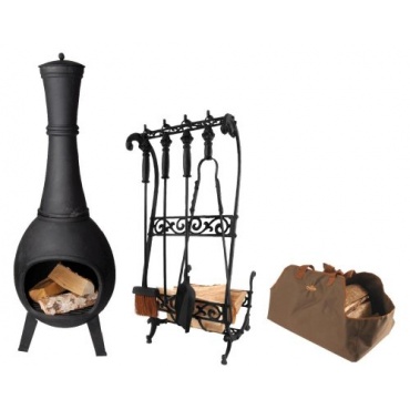 Esschert Design Set: Terrassenofen, Feuerstelle aus Gusseisen, ca. 44 cm x 44 cm x 121 cm Bild 1